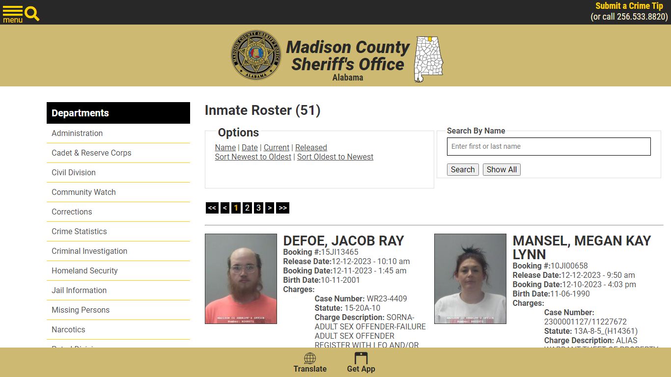 Released Inmates Booking Date Descending - Madison County Sheriff's Office
